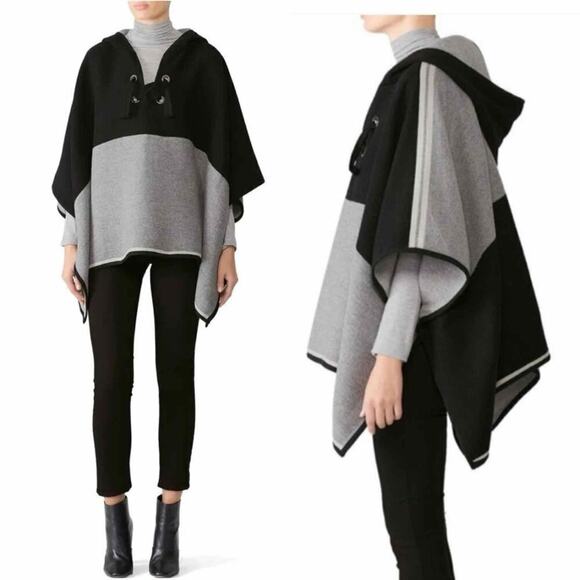 BA&SH Cape Colorblock Poncho Black Grey Lace Up Wool
Blend One Size Hooded - Picture 5 of 9